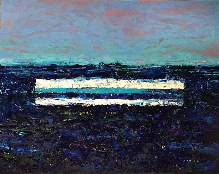Oil on canvas painting of an abstract landscape view. Top half of the painting is light blue with shades of red throughout. Bottom half id a much darker blue, like deep water. The center of the image, in the dark blue, are two white lines that look like an equal sign.